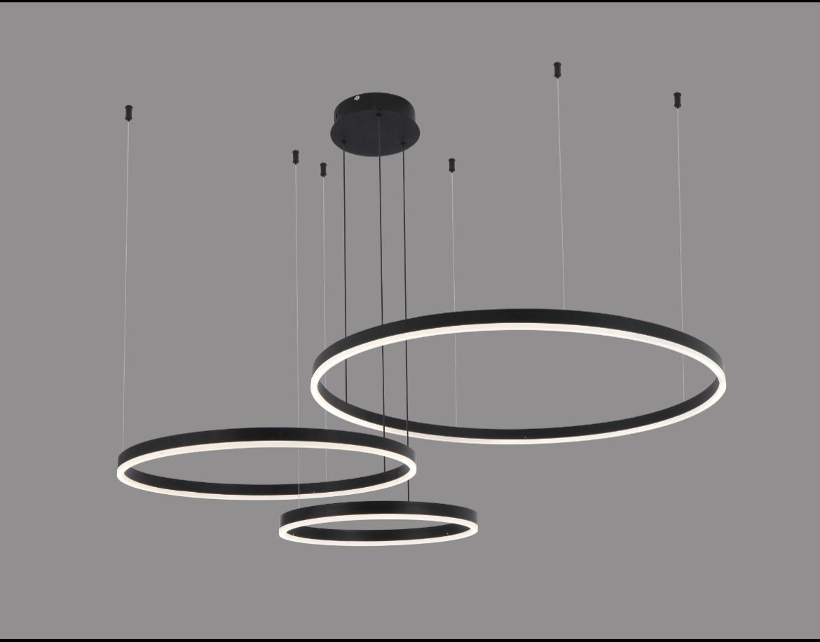 Lustra LED neagra 3 cercuri suspendata 200W, iluminare decorativa pentru masa de dining moderna