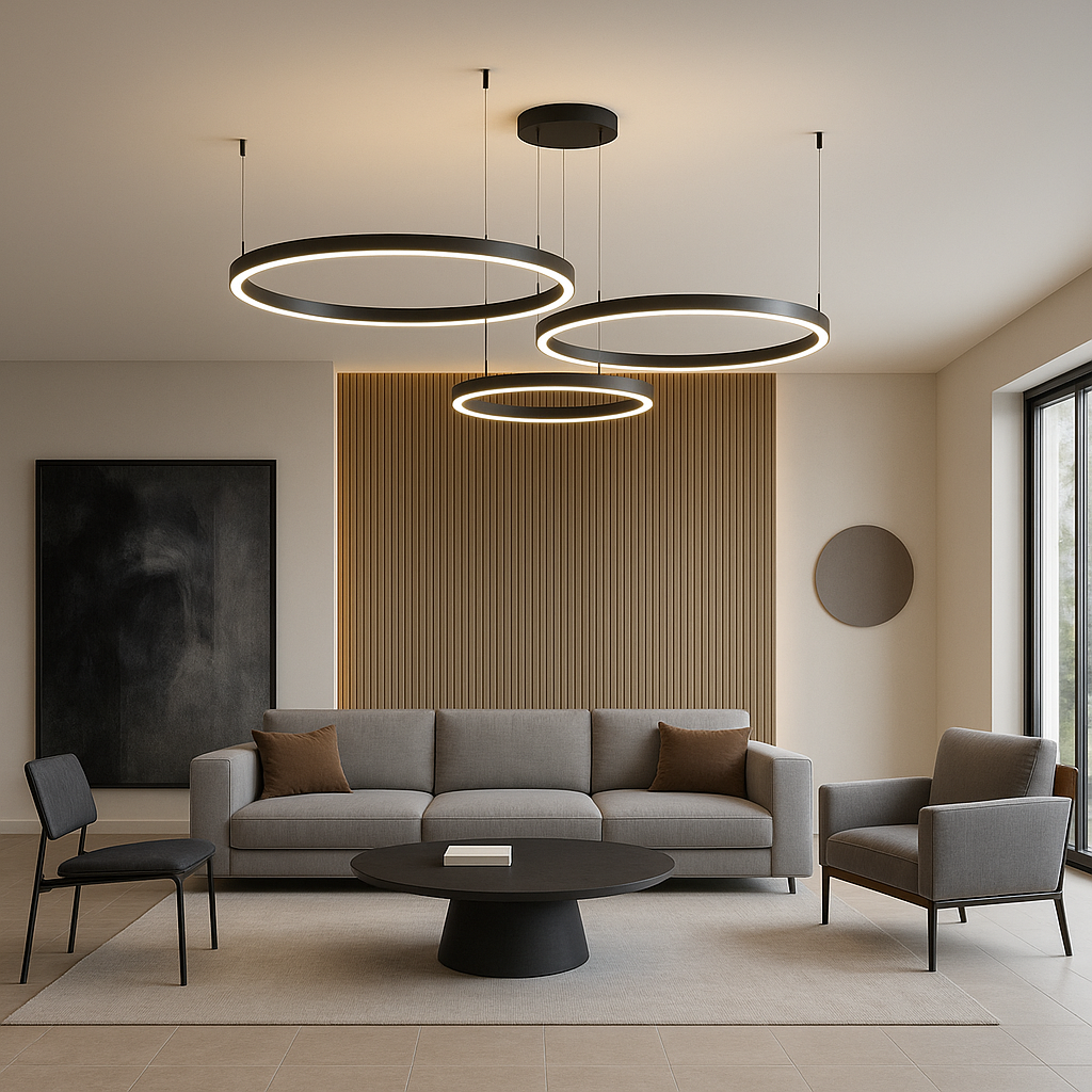 Lustra LED neagra 3 cercuri suspendata cu telecomanda, iluminare moderna pentru living cu tavan inalt