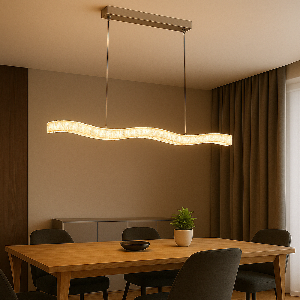 Lustra LED ondulata argintiu 56W 80cm cu telecomanda, iluminare ambientala pentru dining modern