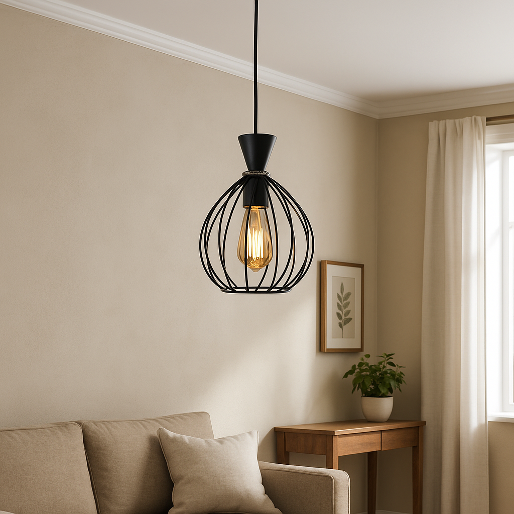 Pendul decorativ LUBAN C035-1D BK, Ø180×H250 mm, 1 bec E27 max 60W, design tip cusca rotunda negru mat cu element decorativ central, perfect pentru bucatarie, bar, cafenea si spatii moderne.