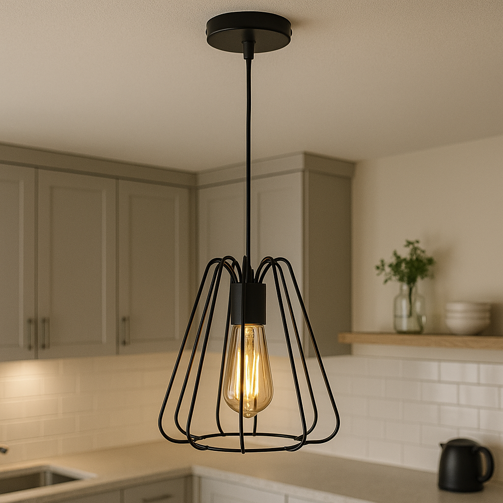 Pendul C023-1D BK cu design geometric si finisaj negru, suport E27, perfect pentru bucatarii urbane si insule moderne.