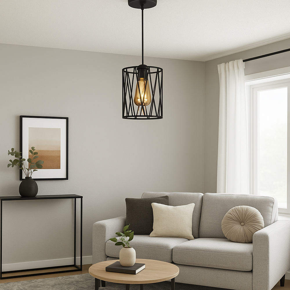 Pendul industrial LUBAN C034-1D BK, Ø140×H200 mm, 1 bec E27 max 60W, design tip cusca din metal negru mat, perfect pentru decoruri moderne, industriale si cafenele urbane.