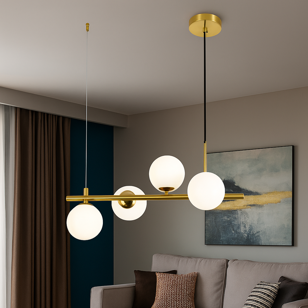 Lustra LED auriu 4 globuri sticla mata, iluminare eleganta pentru living modern