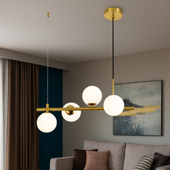 Lustra LED auriu 4 globuri sticla mata, iluminare eleganta pentru living modern