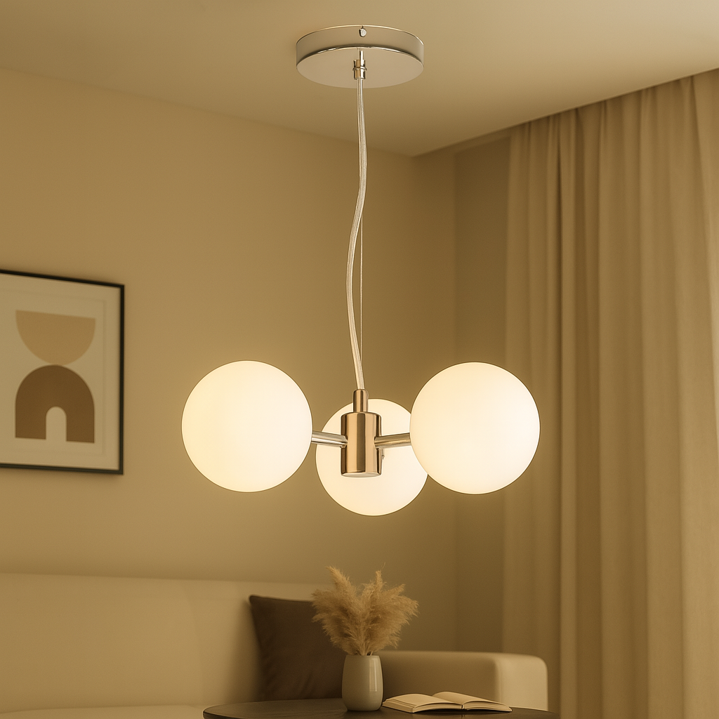 Pendul modern LUBAN 4659/3A cu 3 globuri din sticla opal alba, G9 max 20W, design minimalist pentru bucatarie, dining si dormitor elegant.