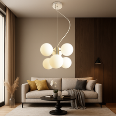 Pendul modern LUBAN 4659/6A cu 6 globuri din sticla opal alba, G9 max 20W, design minimalist pentru living, dining si holuri moderne.