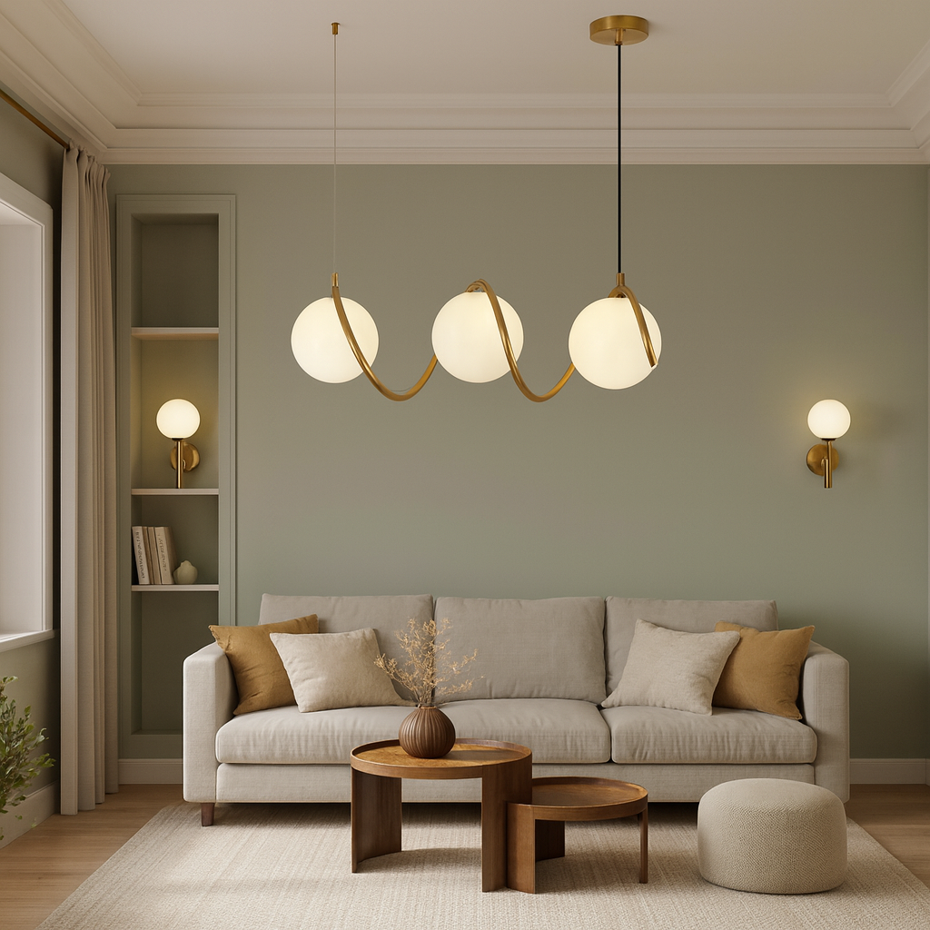 Lustra LED auriu 3 globuri sticla mata, iluminare eleganta pentru living modern