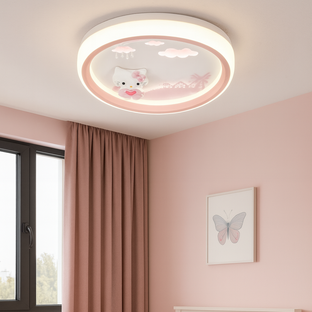 Plafoniera 26224 roz cu pisicuta si telecomanda pentru dormitor fetita
