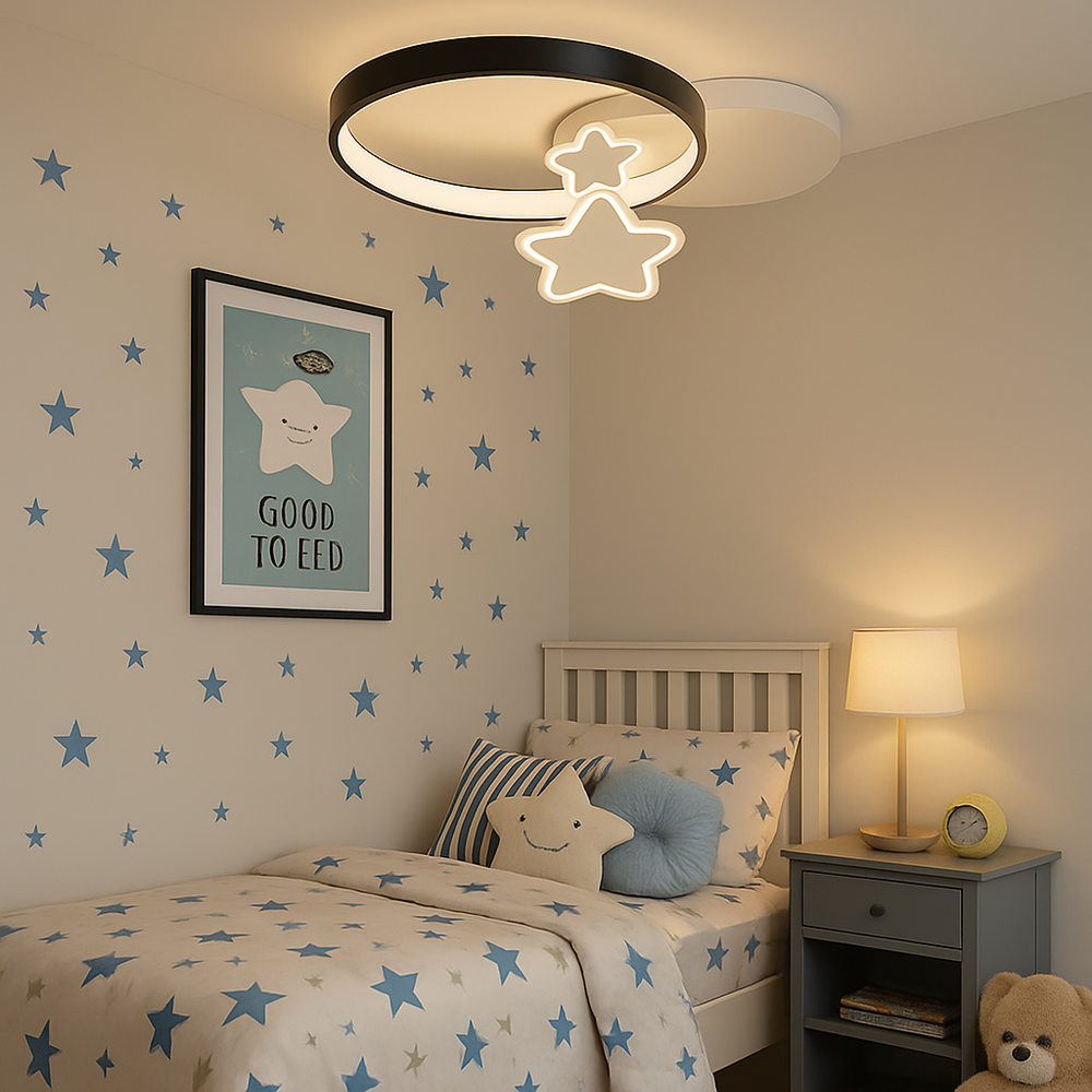 Plafoniera LED LD16-430 alba cu stele luminoase si telecomanda, 106W reglabila 3000–6500K, creeaza un ambient relaxant si magic in dormitor.