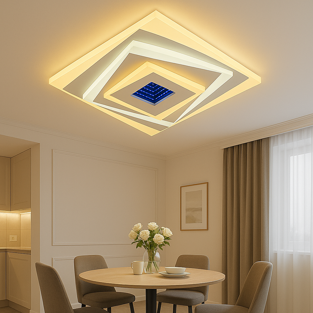 Plafoniera LED 6040/300A WH+CR patrata alba cu detalii cromate 84W, lumina reglabila perfecta pentru zona de dining moderna.