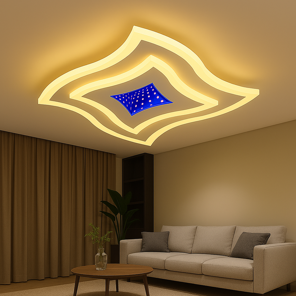 Plafoniera LED alba 67W cu forma ondulata si lumina reglabila 3000–6500K ofera iluminare moderna si uniforma pentru livinguri compacte.