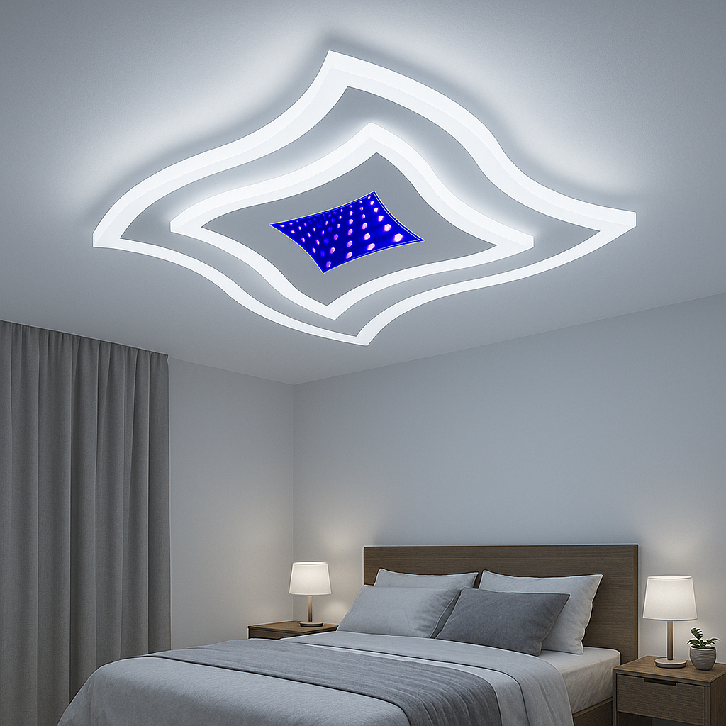 Plafoniera LED alba 67W cu design ondulat si lumina reglabila creeaza un ambient confortabil si modern in dormitoarele mici sau elegante.