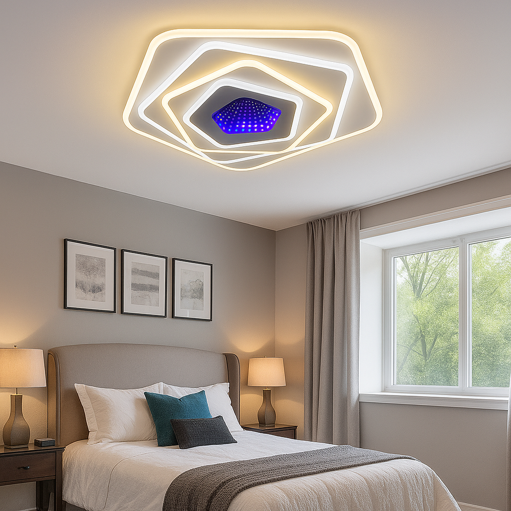 Plafoniera LED rotunda alba 94W cu telecomanda si lumina reglabila creeaza un ambient confortabil si modern in dormitoarele contemporane.