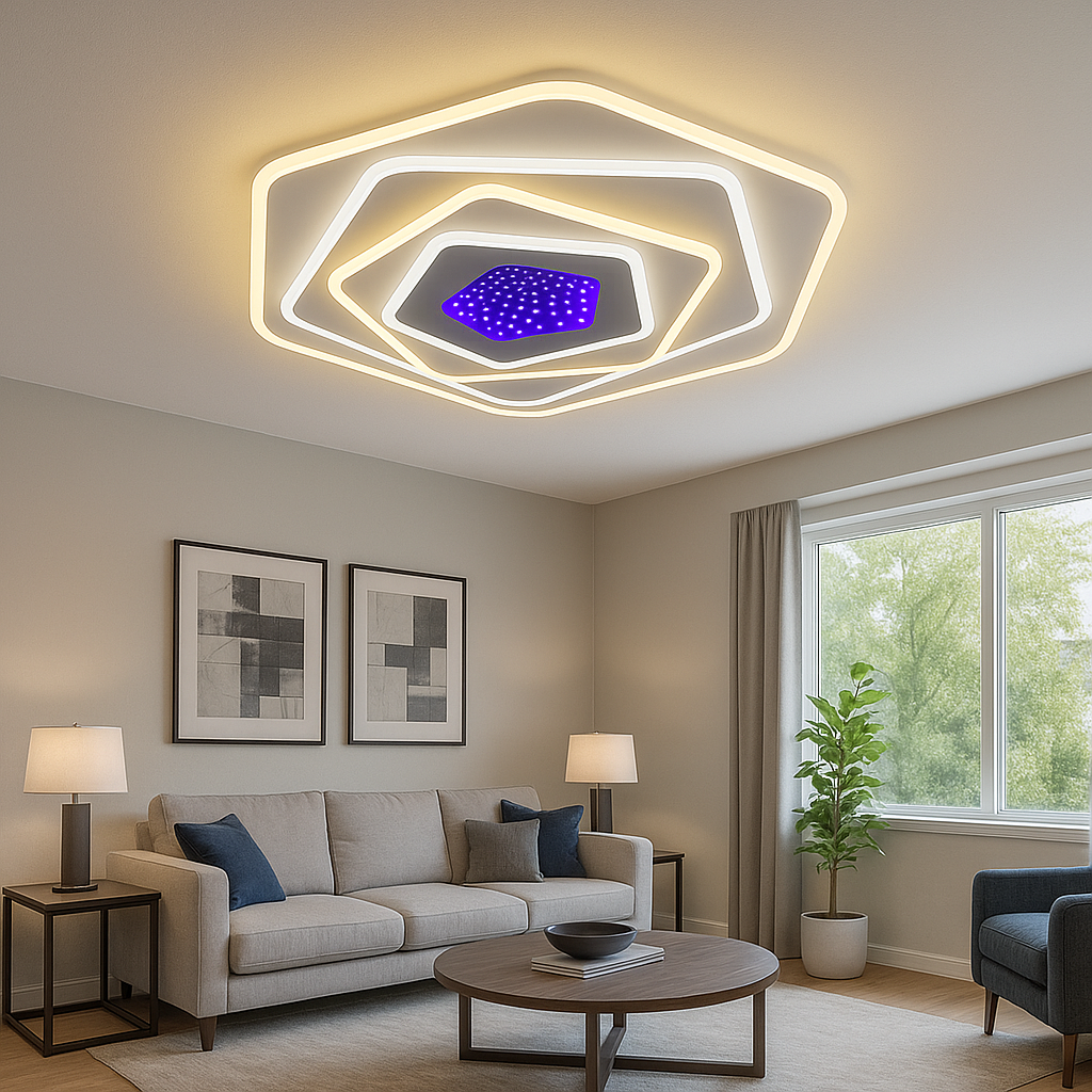 Plafoniera LED rotunda alba 94W cu lumina reglabila 3000–6500K si telecomanda ofera iluminare moderna si uniforma pentru livinguri elegante.