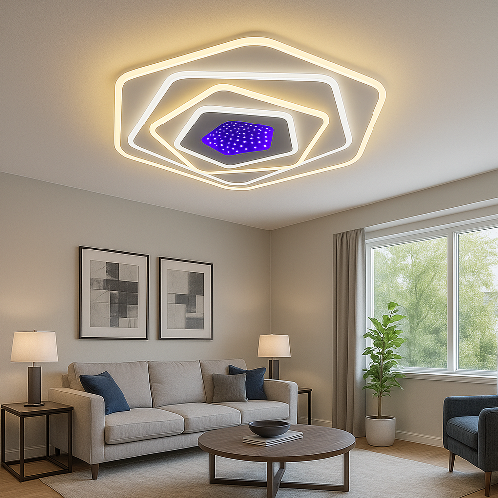 Plafoniera LED rotunda alba 94W cu lumina reglabila 3000–6500K si telecomanda ofera iluminare moderna si uniforma pentru livinguri elegante.