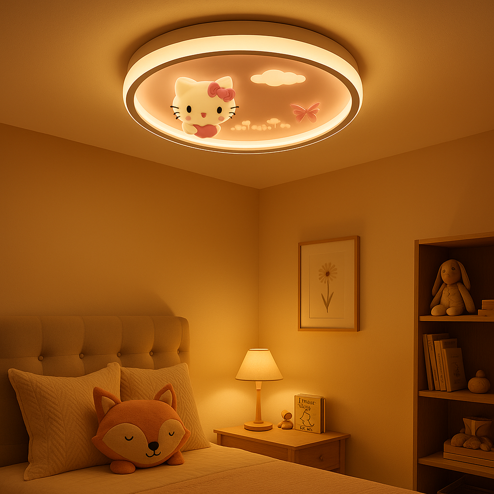 Plafoniera 26224 roz cu pisicuta si telecomanda pentru dormitor fetita