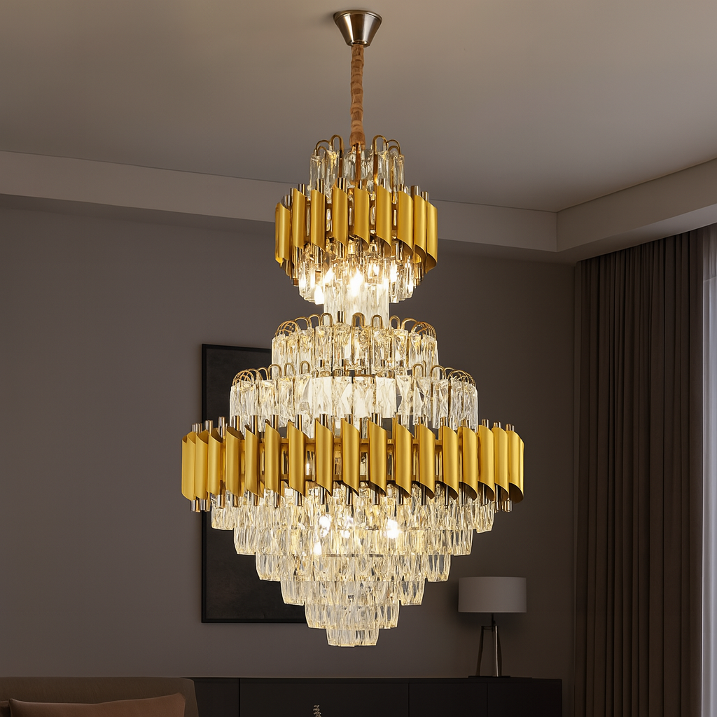Candelabru cristal rotunda auriu Ø600 H930 in living inalt, 15 E27, iluminare intensa pentru decor glam lux