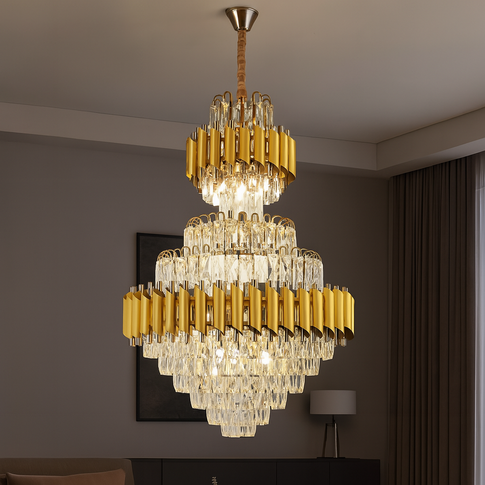 Candelabru cristal rotunda auriu Ø600 H930 in living inalt, 15 E27, iluminare intensa pentru decor glam lux