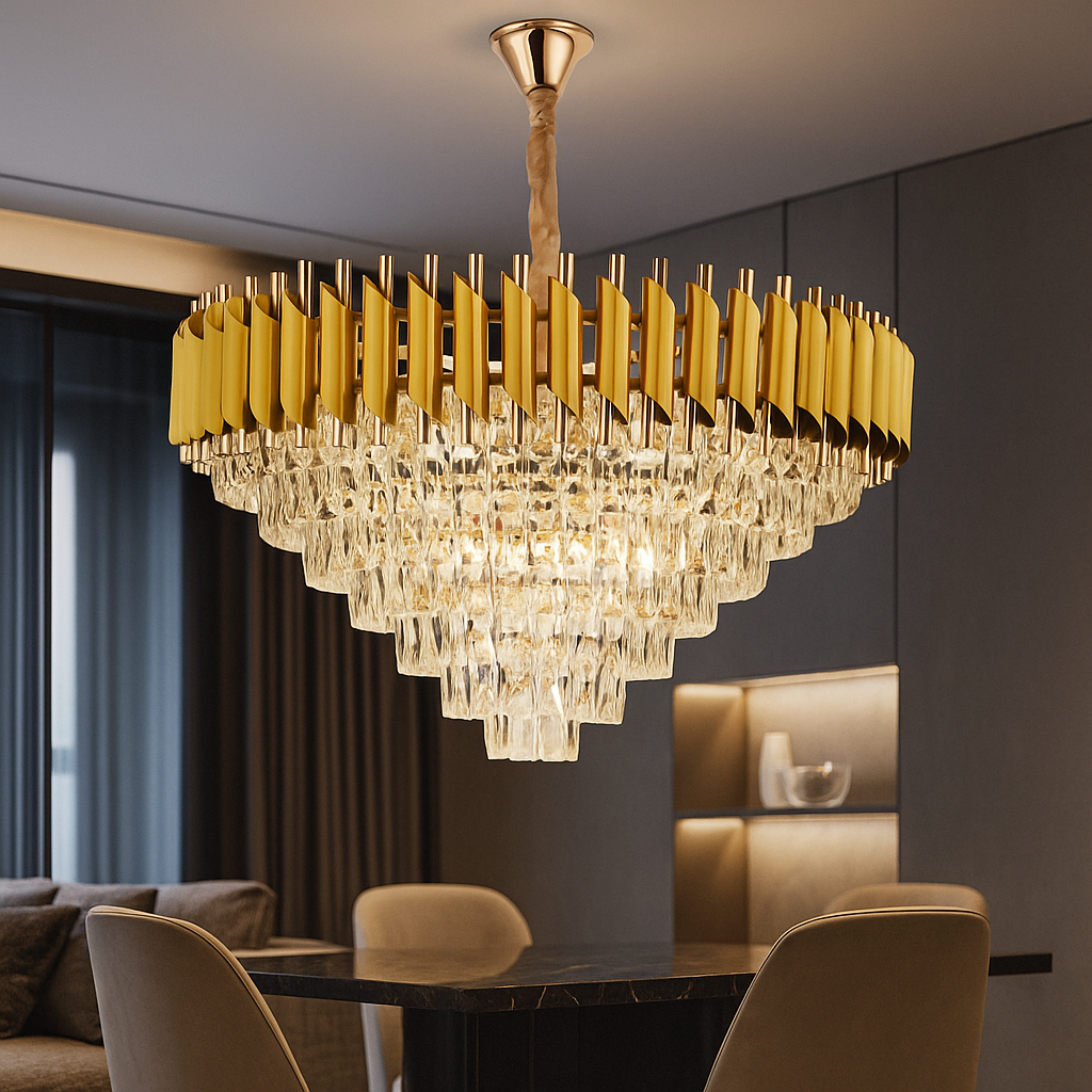 Candelabru piramidal auriu cu cristale, devenind centrul vizual impresionant al unui living mare cu decor premium.