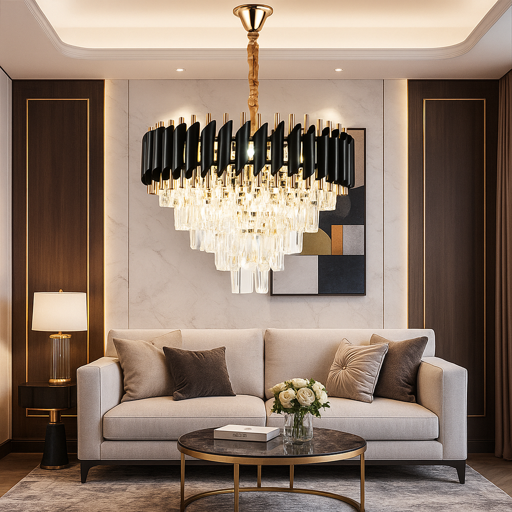 Candelabru rotund negru-auriu cu cristale, oferind lumina rafinata intr-un living modern cu decor elegant.