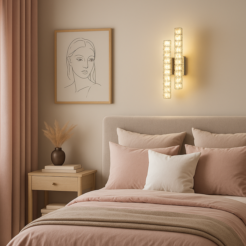 Aplica LED LUBAN Crystal Vision cu design vertical transparent, lumina reglabila prin telecomanda pentru dormitor elegant