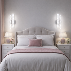 Aplica LED LUBAN Crystal Vision cu design vertical transparent, lumina reglabila prin telecomanda pentru dormitor elegant