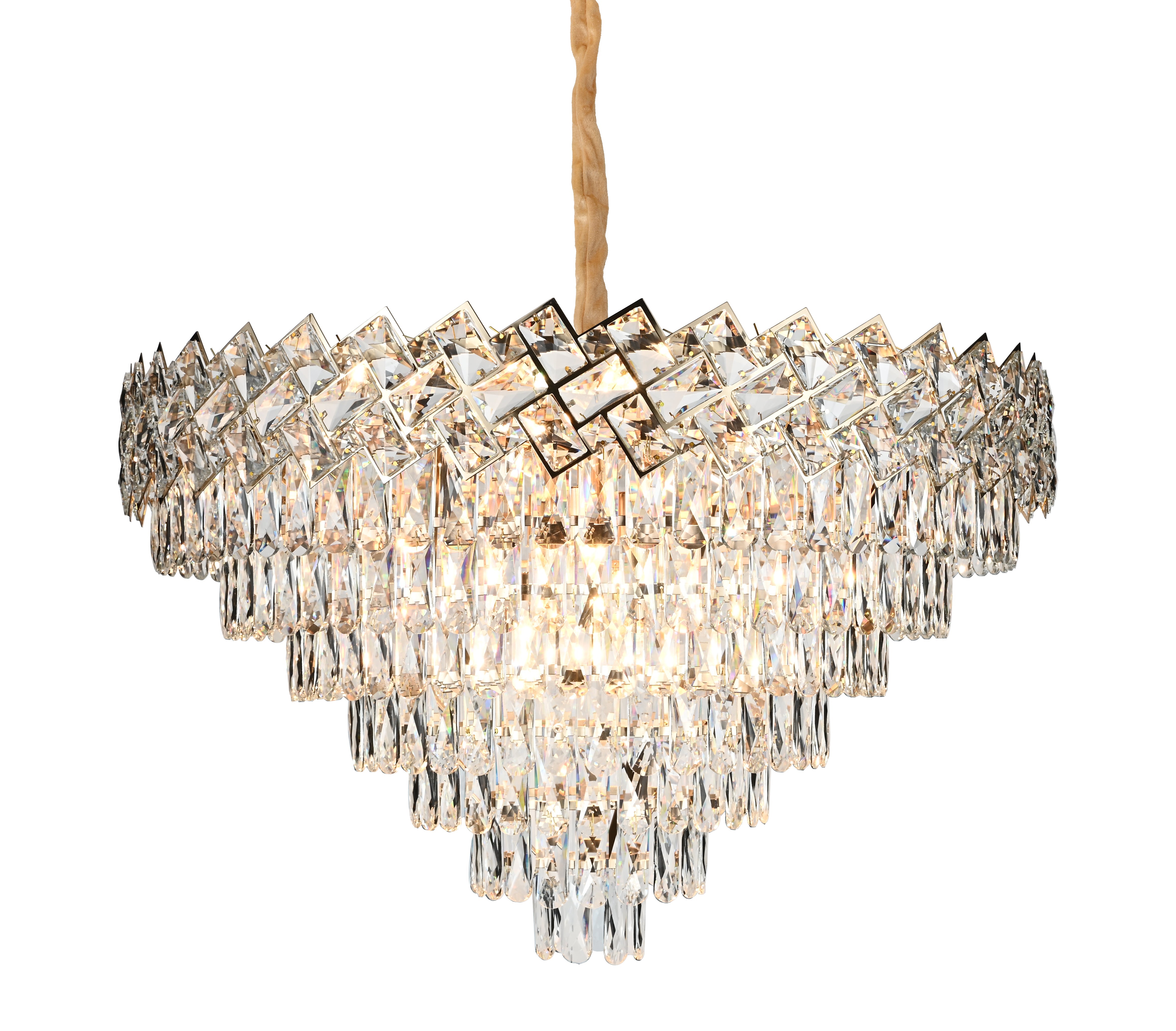 Candelabru rotund din cristal auriu Ø800 mm, cu 16 surse E27, montat intr-un living inalt pentru efect regal si luminos