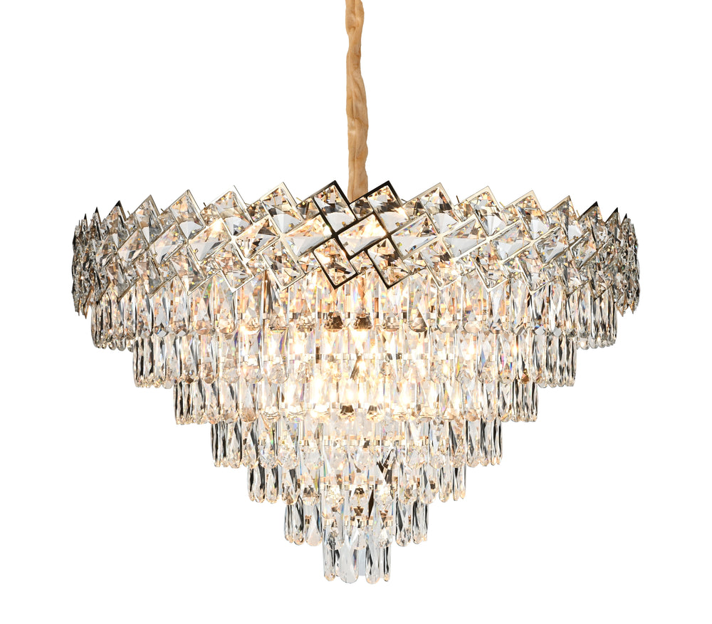 Candelabru rotund din cristal auriu Ø800 mm, cu 16 surse E27, montat intr-un living inalt pentru efect regal si luminos