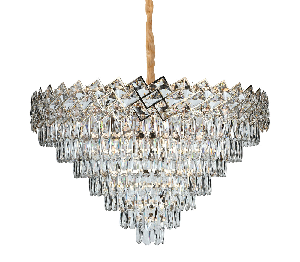 Candelabru rotund din cristal auriu Ø800 mm, cu 16 surse E27, montat intr-un living inalt pentru efect regal si luminos