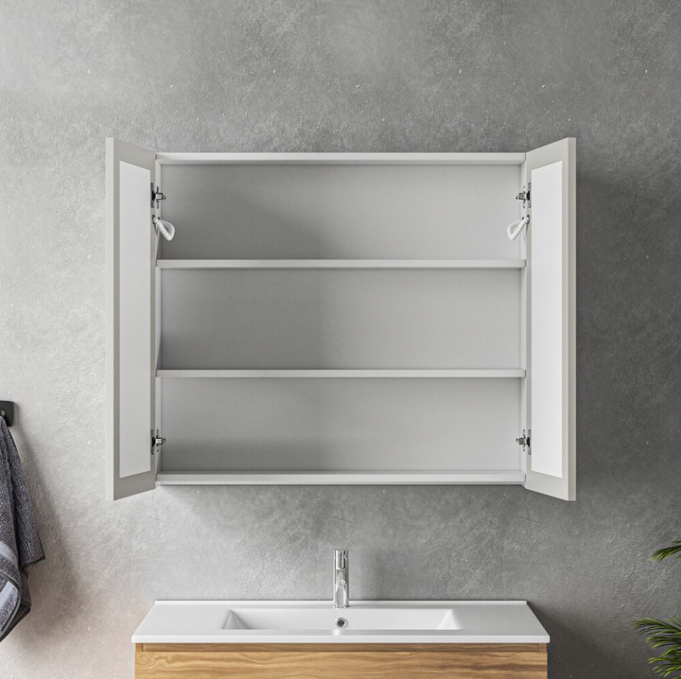 Dulap baie 80x70 cm cu oglinda LED 6000K si dezaburire, cu rafturi din sticla securizata pentru depozitare moderna.