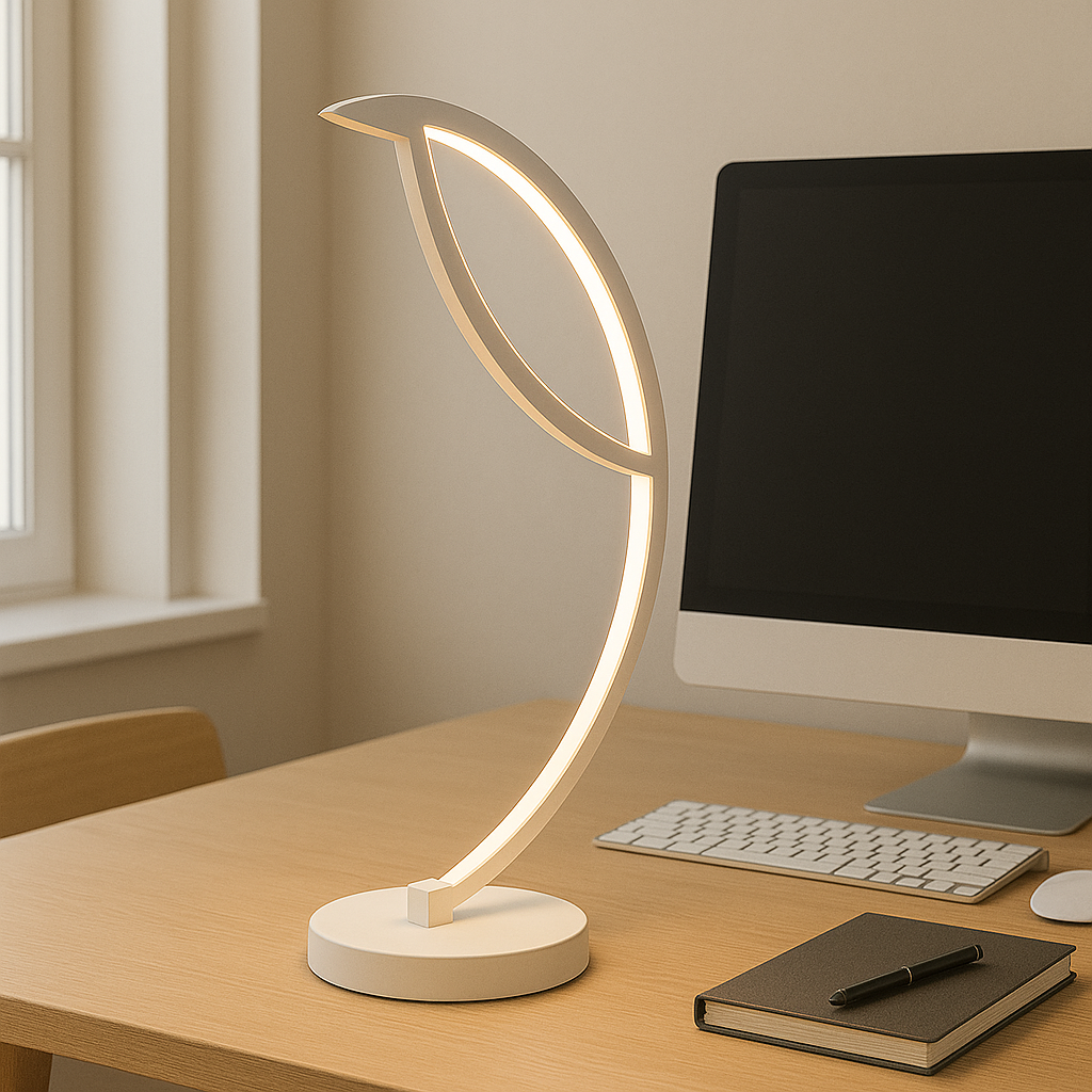 Veioza LED alba forma frunza 40W ofera lumina reglabila 3000–6000K, perfecta pentru birouri moderne ce necesita confort vizual.