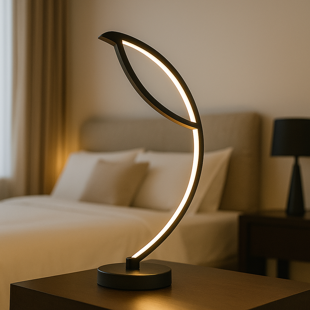 Veioza LED neagra forma frunza 40W ofera lumina calda sau rece pentru dormitoare moderne, creand un ambient relaxant si sofisticat.