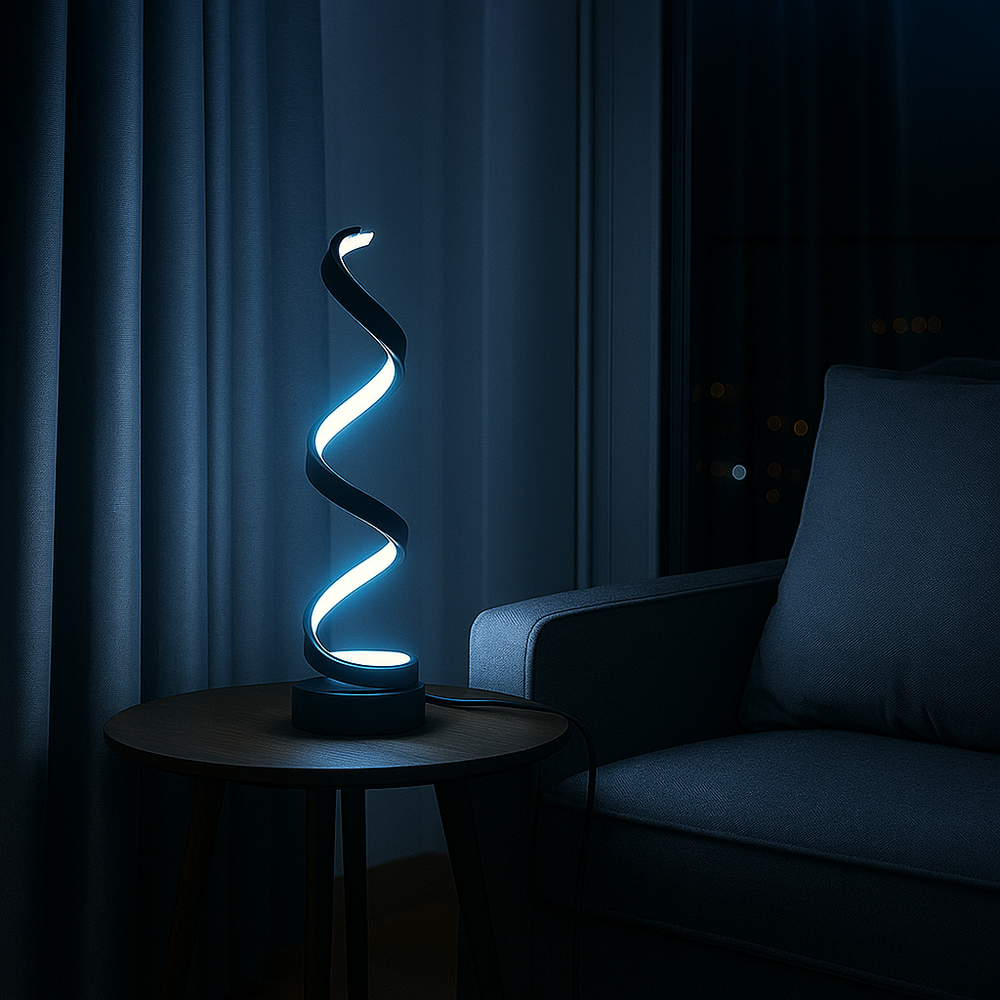 Veioza LED neagra spirala 40W cu lumina reglabila 3000–6500K adauga eleganta moderna si iluminare ambientala in livingurile contemporane.