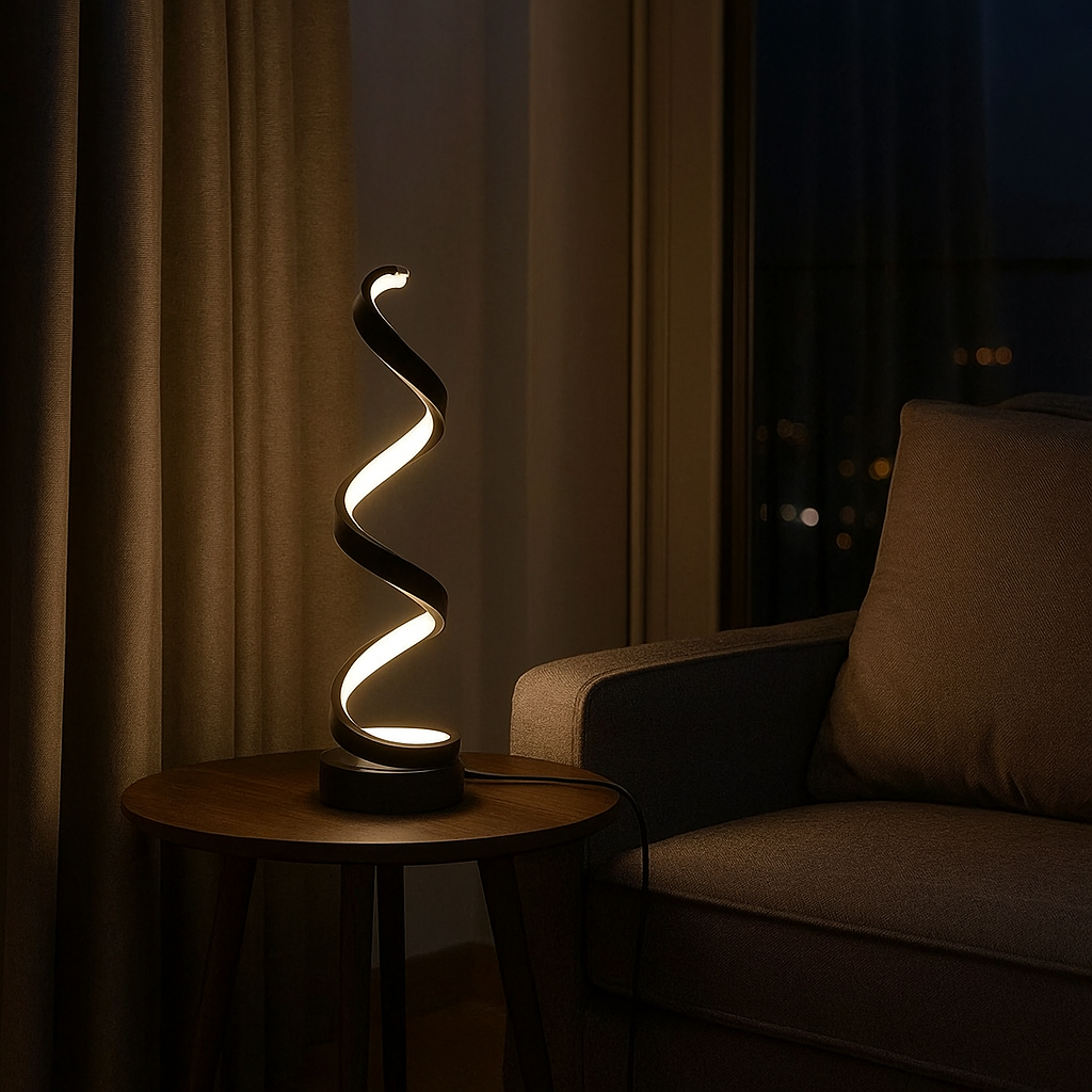 Veioza LED neagra spirala 40W cu lumina reglabila 3000–6500K adauga eleganta moderna si iluminare ambientala in livingurile contemporane.