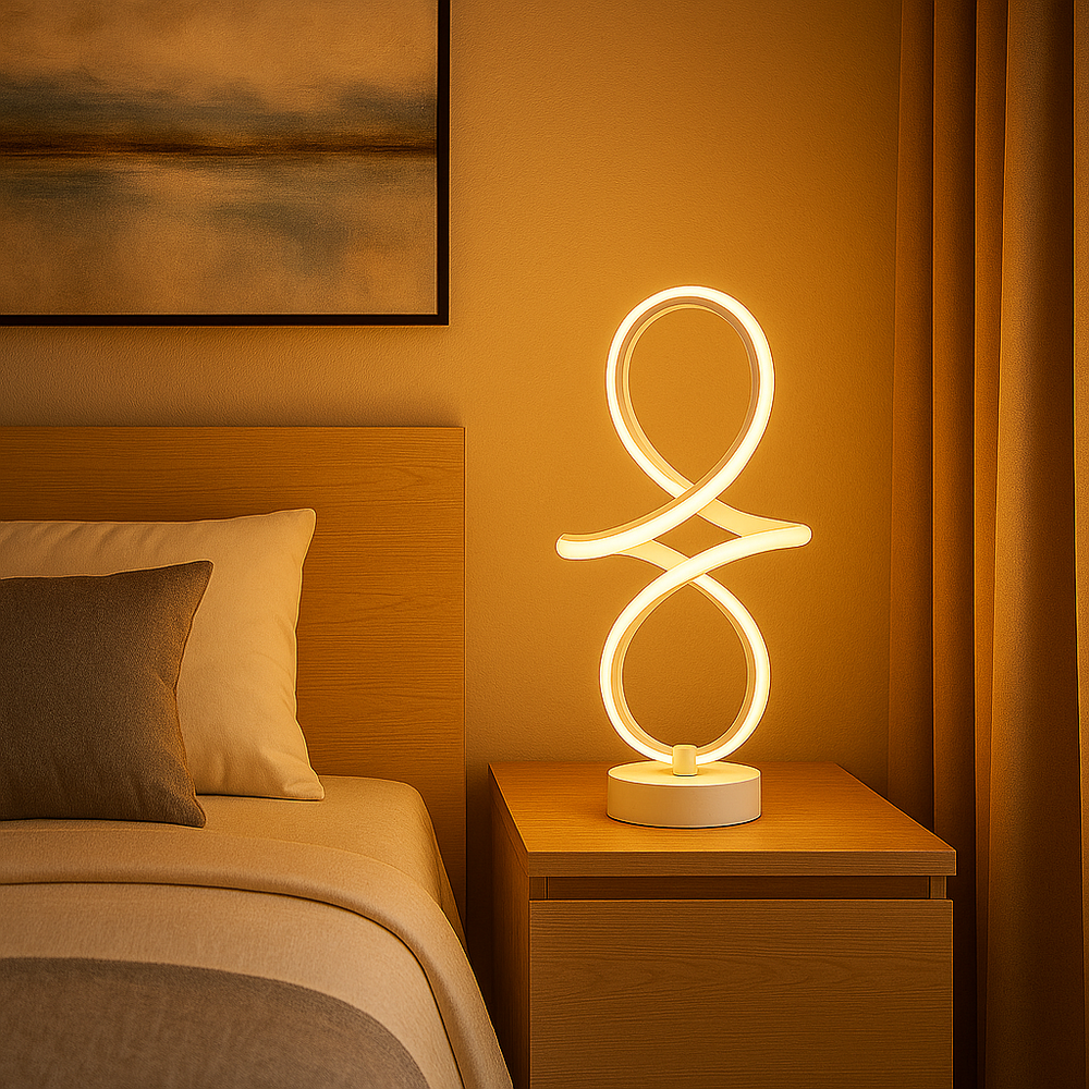 Veioza LED alb mat forma infinity 46W cu 3 tonuri de lumina creeaza o atmosfera relaxanta si rafinata ideala pentru dormitoare moderne.