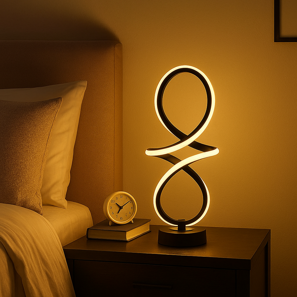 Veioza LED negru mat forma infinity 46W cu lumina calda, neutra sau rece creeaza o atmosfera relaxanta perfecta pentru dormitoare moderne.