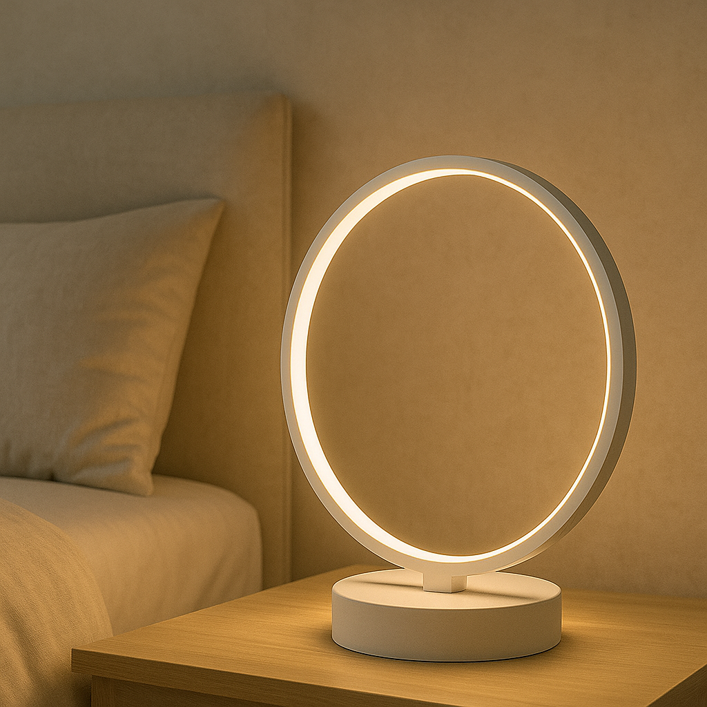 Veioza LED alba circulara 30W cu 3 trepte de lumina creeaza o atmosfera calma si relaxanta, perfecta pentru un dormitor modern si curat.