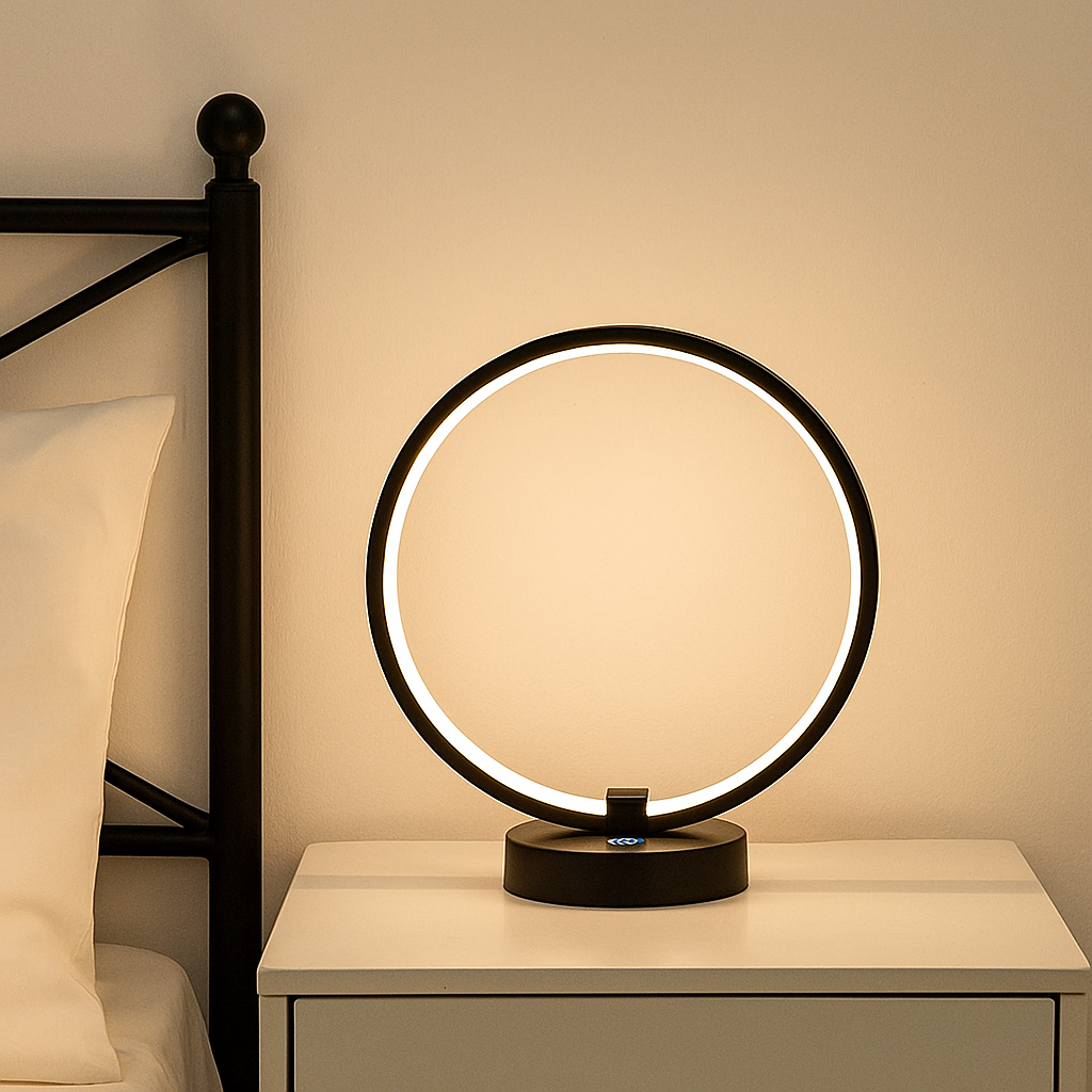 Veioza LED circulara neagra 30W cu 3 trepte de lumina creeaza o atmosfera calda si relaxanta, perfecta pentru un dormitor modern si stilat.