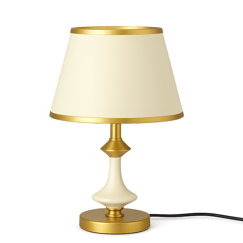 Veioza 8619 conica alb-aurie cu abajur textil alb creeaza lumina calda si eleganta, perfecta pentru un living modern si rafinat.