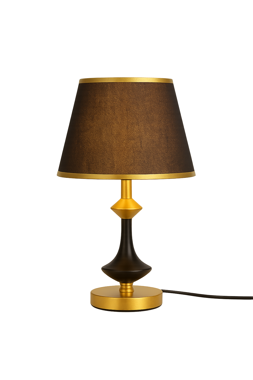 Veioza 8619 cilindrica negru-auriu cu abajur textil elegant, perfecta pentru living modern, oferind lumina calda si atmosfera rafinata.