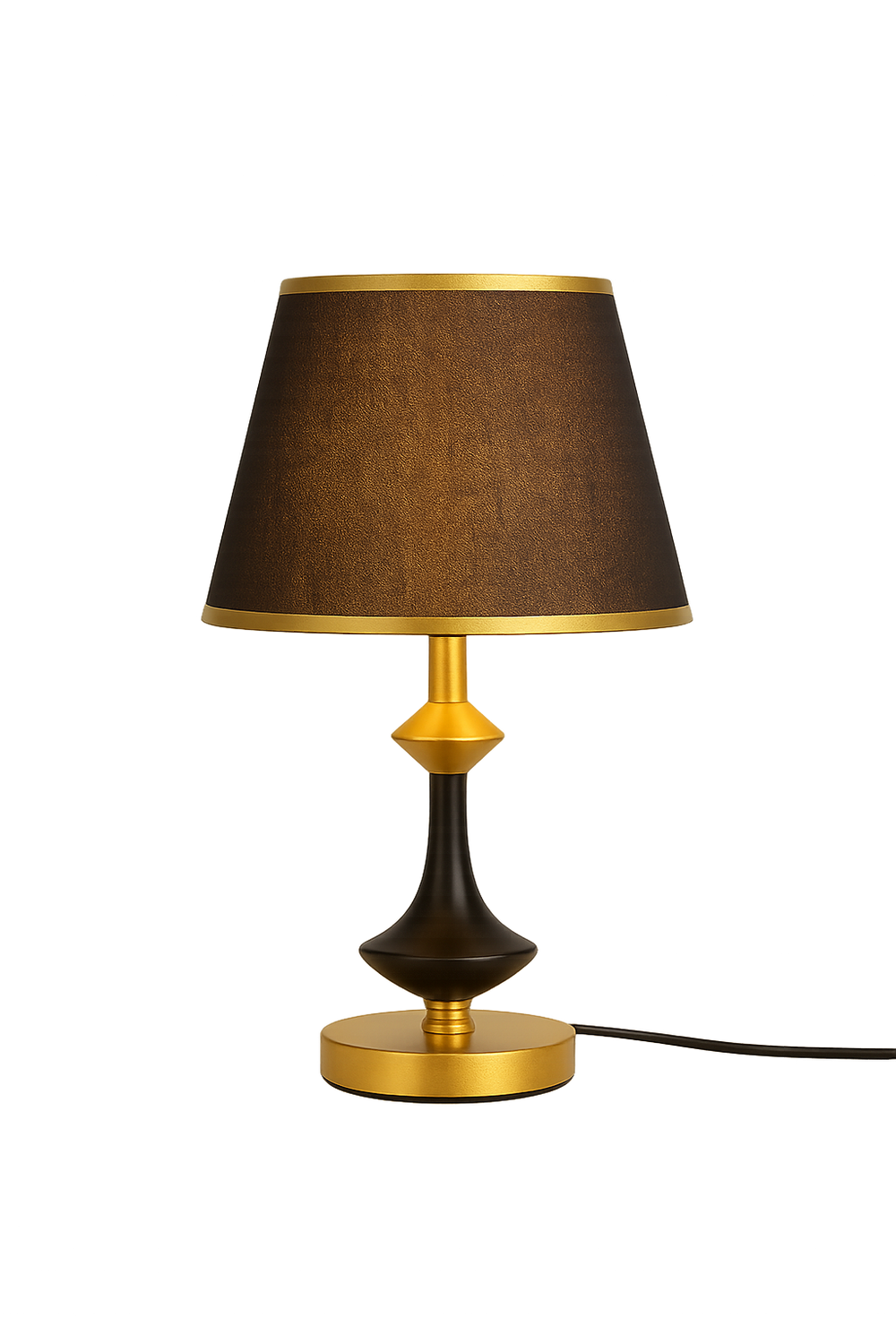 Veioza 8619 cilindrica negru-auriu cu abajur textil elegant, perfecta pentru living modern, oferind lumina calda si atmosfera rafinata.