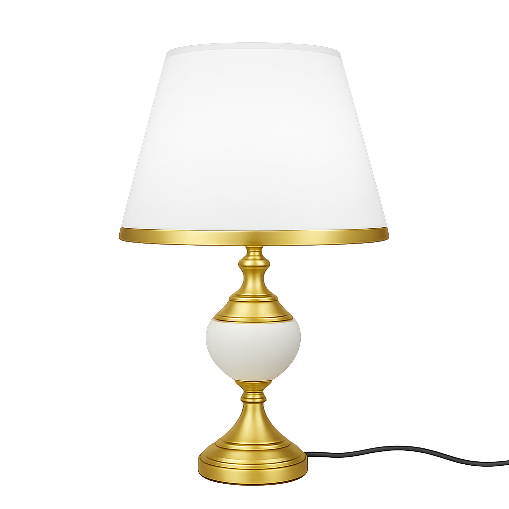 Veioza 8620 cilindrica cu abajur textil alb-auriu ofera un accent elegant si lumina calda, ideala pentru un living modern si rafinat.