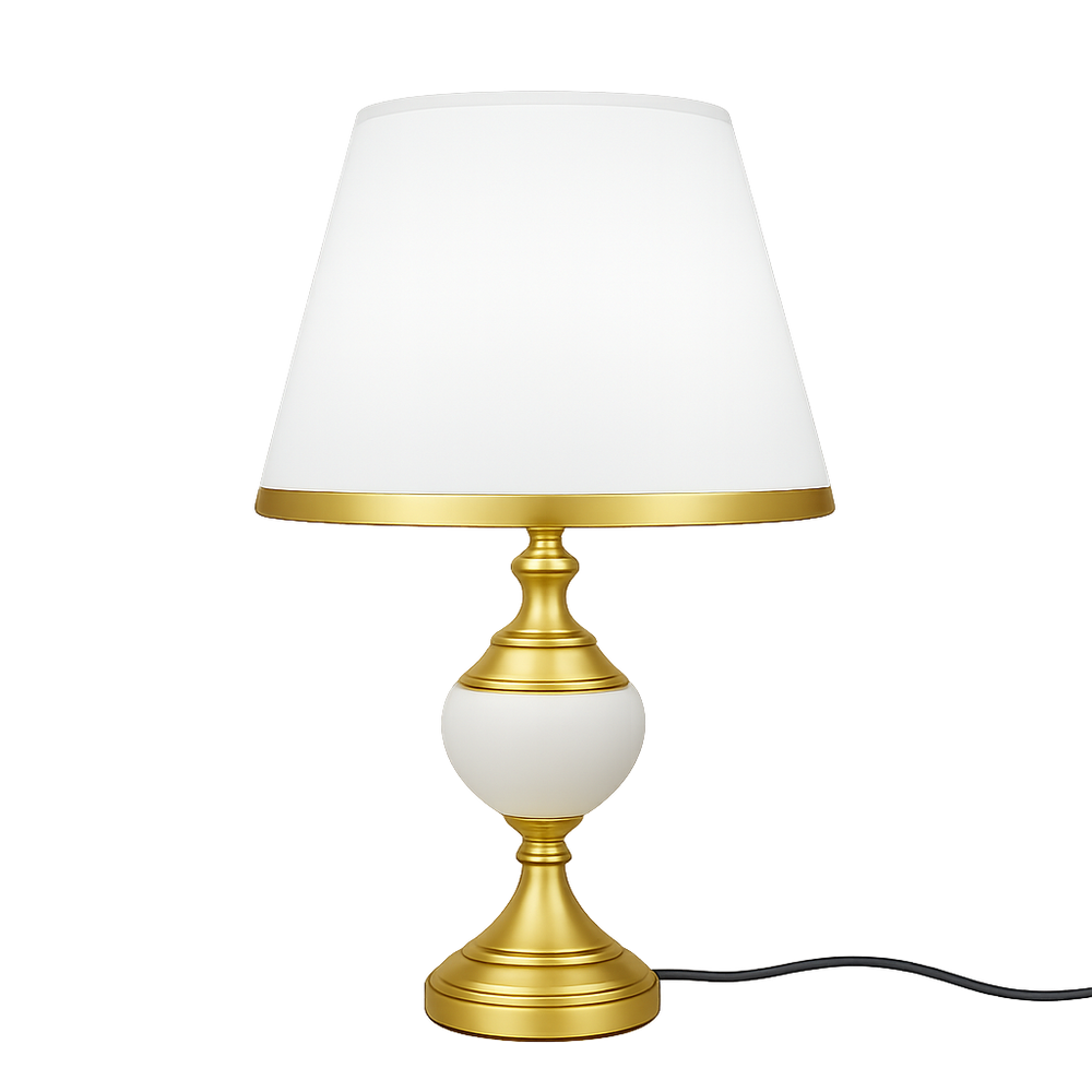 Veioza 8620 cilindrica cu abajur textil alb-auriu ofera un accent elegant si lumina calda, ideala pentru un living modern si rafinat.