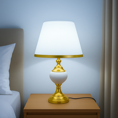 Veioza 8620 cilindrica cu abajur textil alb-auriu creeaza o atmosfera relaxanta in dormitor, oferind lumina difuza perfecta pentru seara.