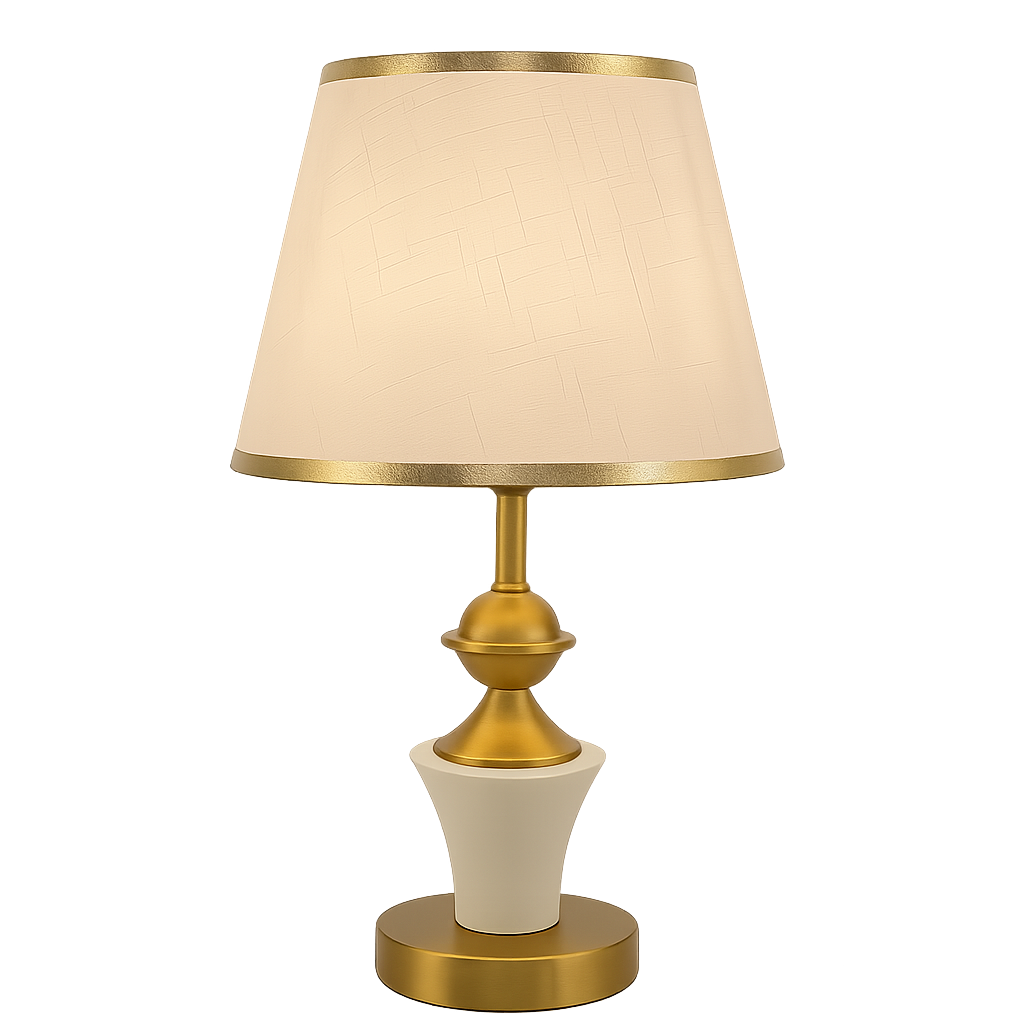 Veioza T8727 alb-auriu cu abajur textil creeaza lumina calda si eleganta, adaugand rafinament modern in decorul livingului.