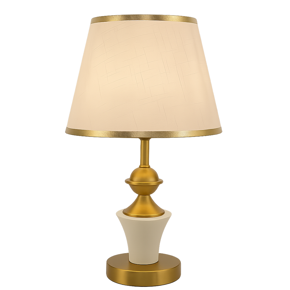 Veioza T8727 alb-auriu cu abajur textil creeaza lumina calda si eleganta, adaugand rafinament modern in decorul livingului.