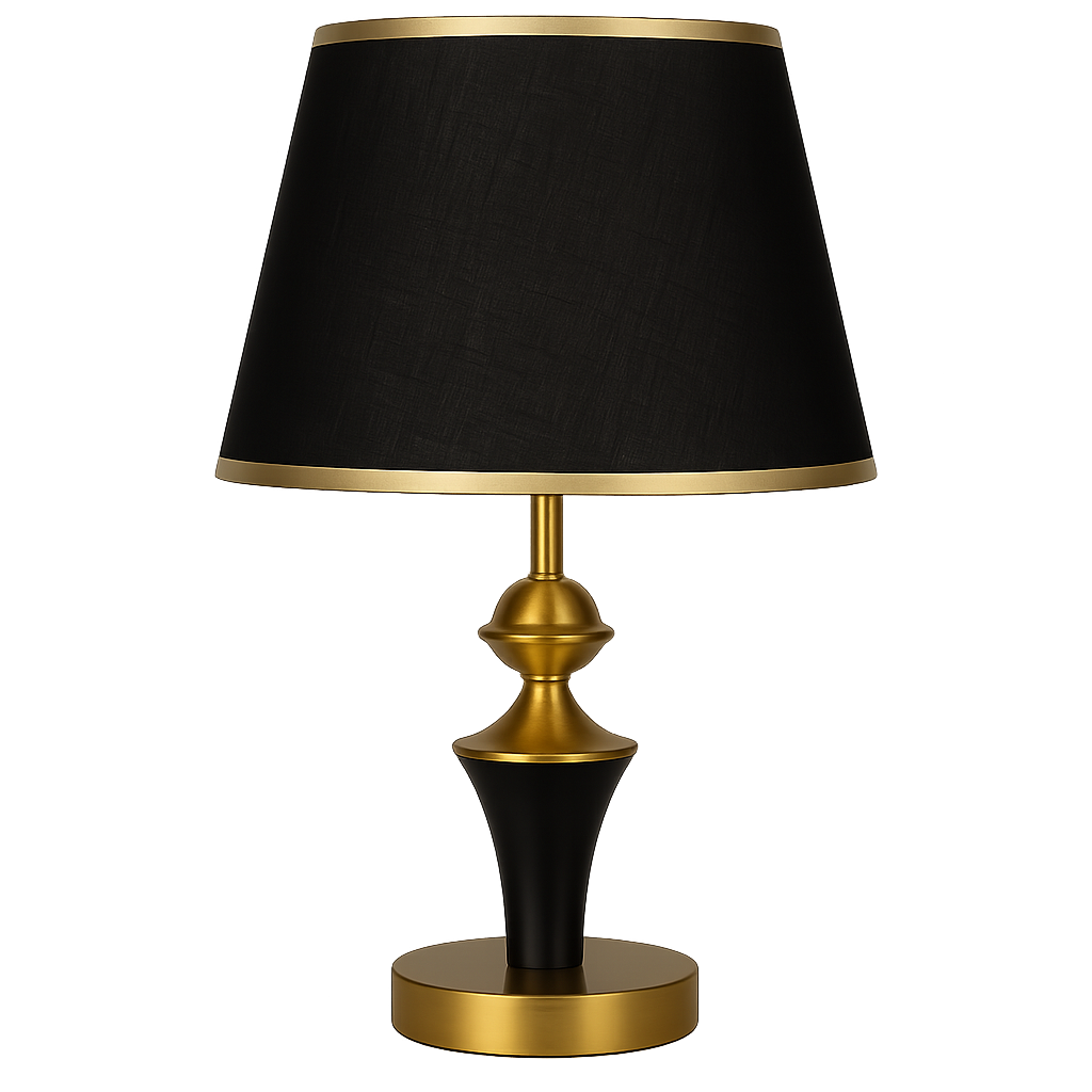 Veioza T8727 negru-auriu cu abajur textil ofera lumina calda si un contrast elegant, adaugand rafinament modern in decorul livingului.