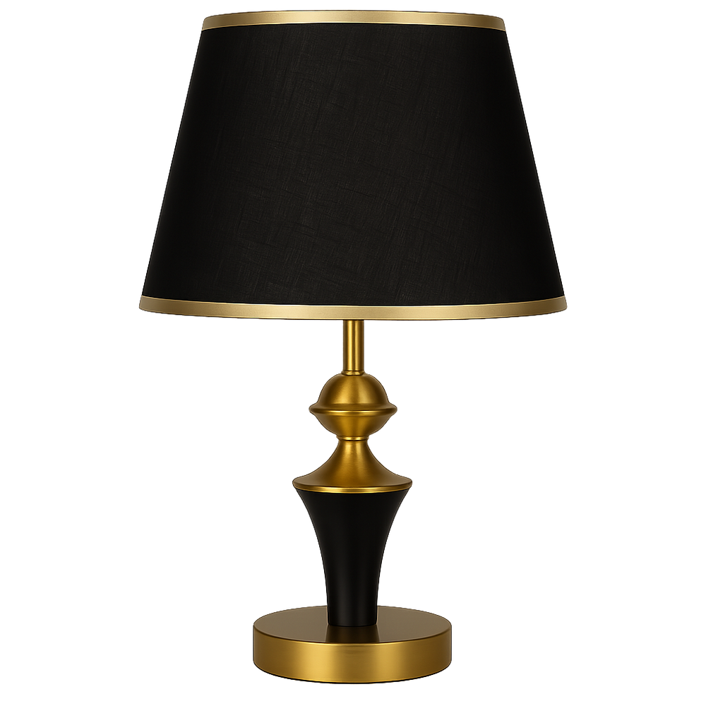 Veioza T8727 negru-auriu cu abajur textil ofera lumina calda si un contrast elegant, adaugand rafinament modern in decorul livingului.