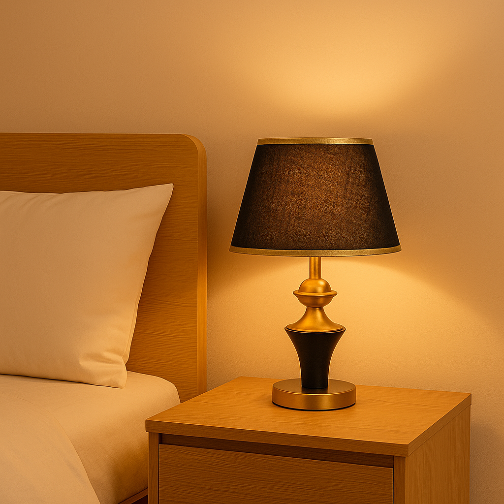 Veioza T8727 negru-auriu de 52 cm cu abajur textil difuzeaza lumina placuta, creand o atmosfera relaxanta si eleganta in dormitor.