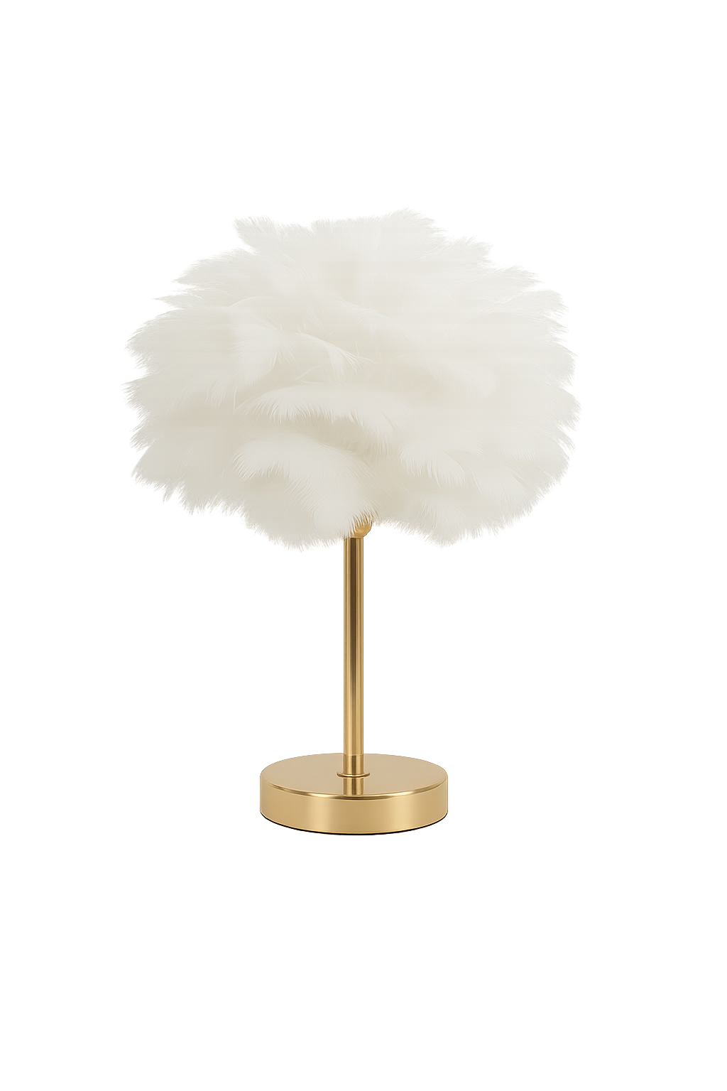 Veioza 8736 cu abajur rotund din pene albe si baza aurie, lampa decorativa eleganta pentru living modern, oferind lumina calda ambientala.